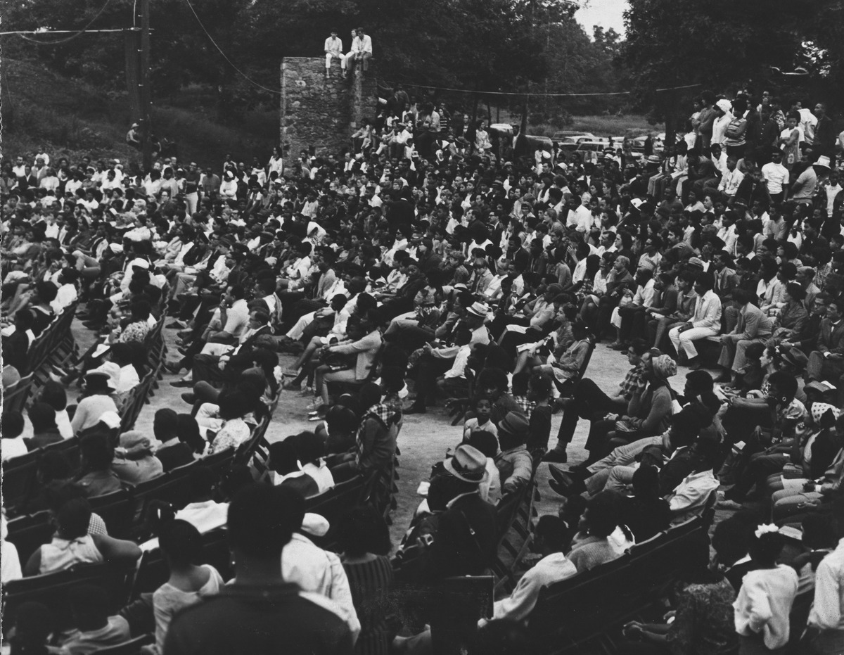 Audience at the Elma Lewis Playhouse in the Park 32 at Franklin Park in Roxbury, ca. 1970-1980. Image courtesy of Northeastern University Archives & Special Collections.