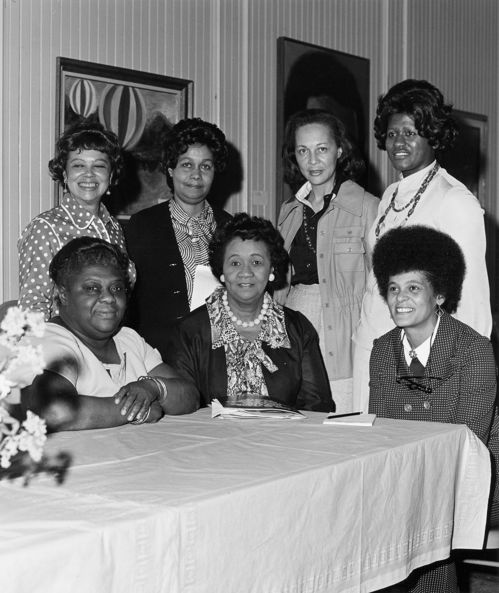 Miss Lewis (front row, first on the left) at the Freedom House 25th Anniversary Celebration Coffee Hour, “Black Women Today,” 1974. Image courtesy of Northeastern University Archives & Special Collections.