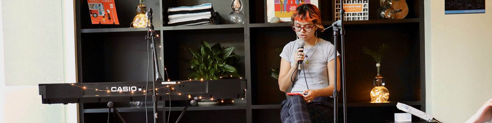 A student speaking in an intimate group session